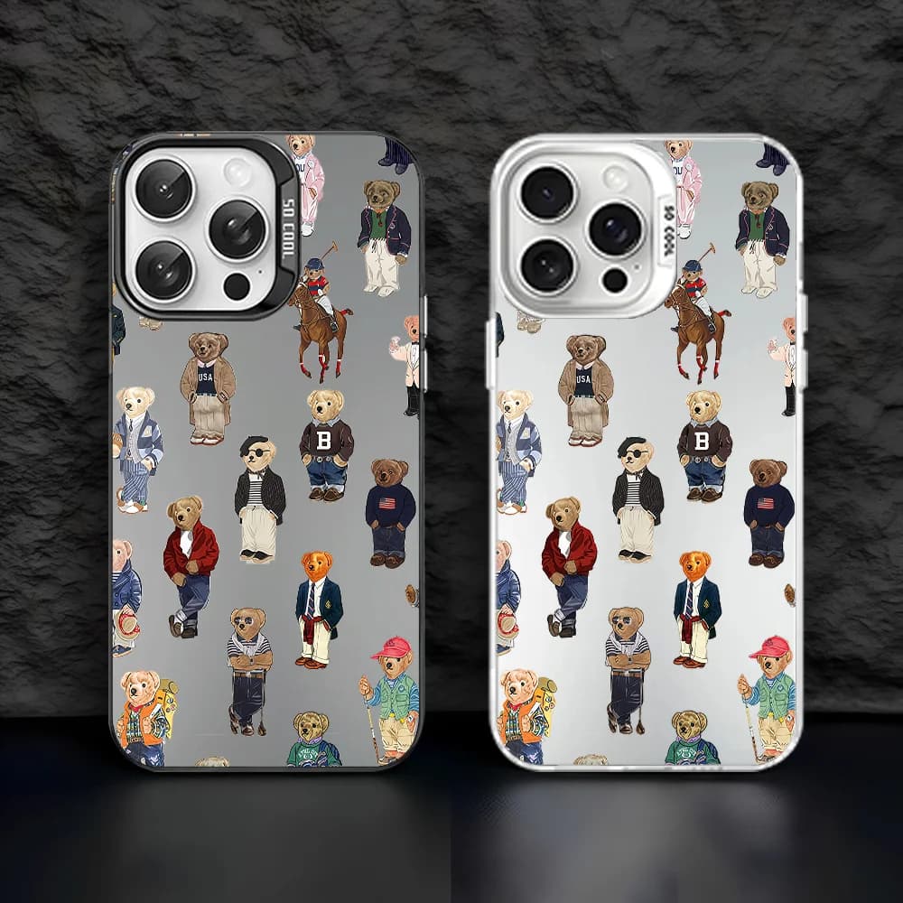 Custodia per telefono P-polo Bear Custodia per telefono per IPhone 16 15 14 13 12 11 Pro Max Bianco opaco Laser Metallico Aurora Funda