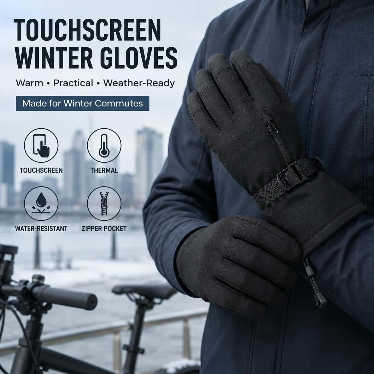 Touchscreen Winter Gloves Men Women Thermal Windproof Water Resistant Gloves with Zipper Pocket for Cycling Commuting Outdoor