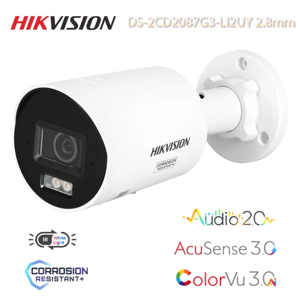 Telecamera di Sicurezza IP Hikvision 4K 8 MP Colorvu Acusense Smart Hybrid Light Mini Bullet per Esterni con Doppio Microfono, Anticorrosione IP67 WDR