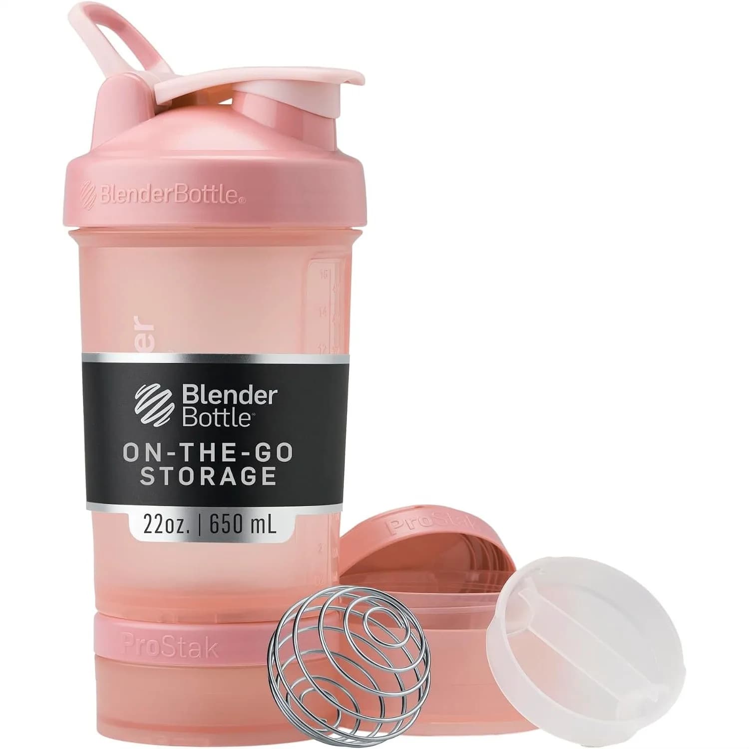 Shaker Bottle with Pill Organizer and Storage for Protein Powder, ProStak System, 22-Ounce, Rose Pink