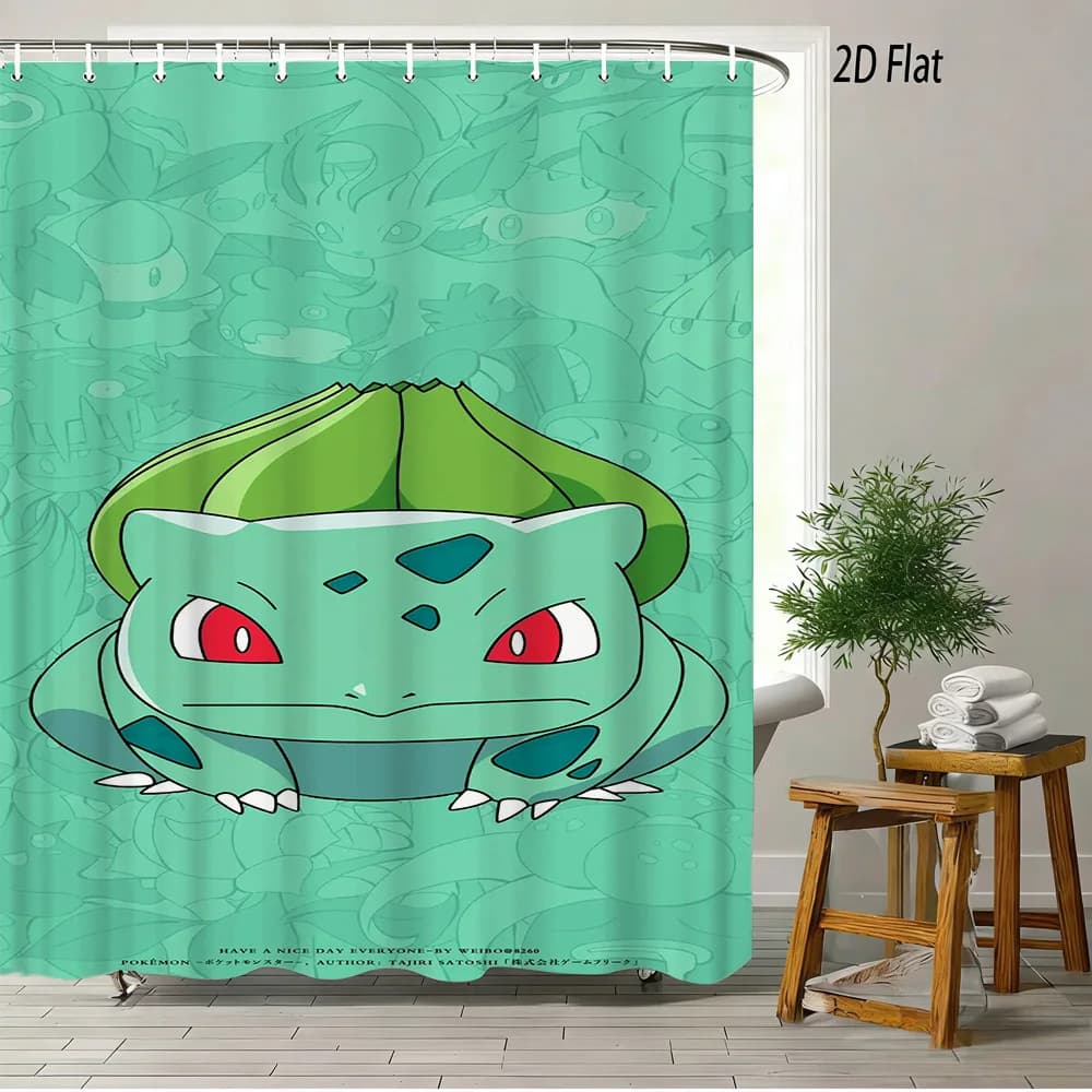 2D Flat Pokemon Bulbasaur Cute Cartoon Bathroom Shower Curtain