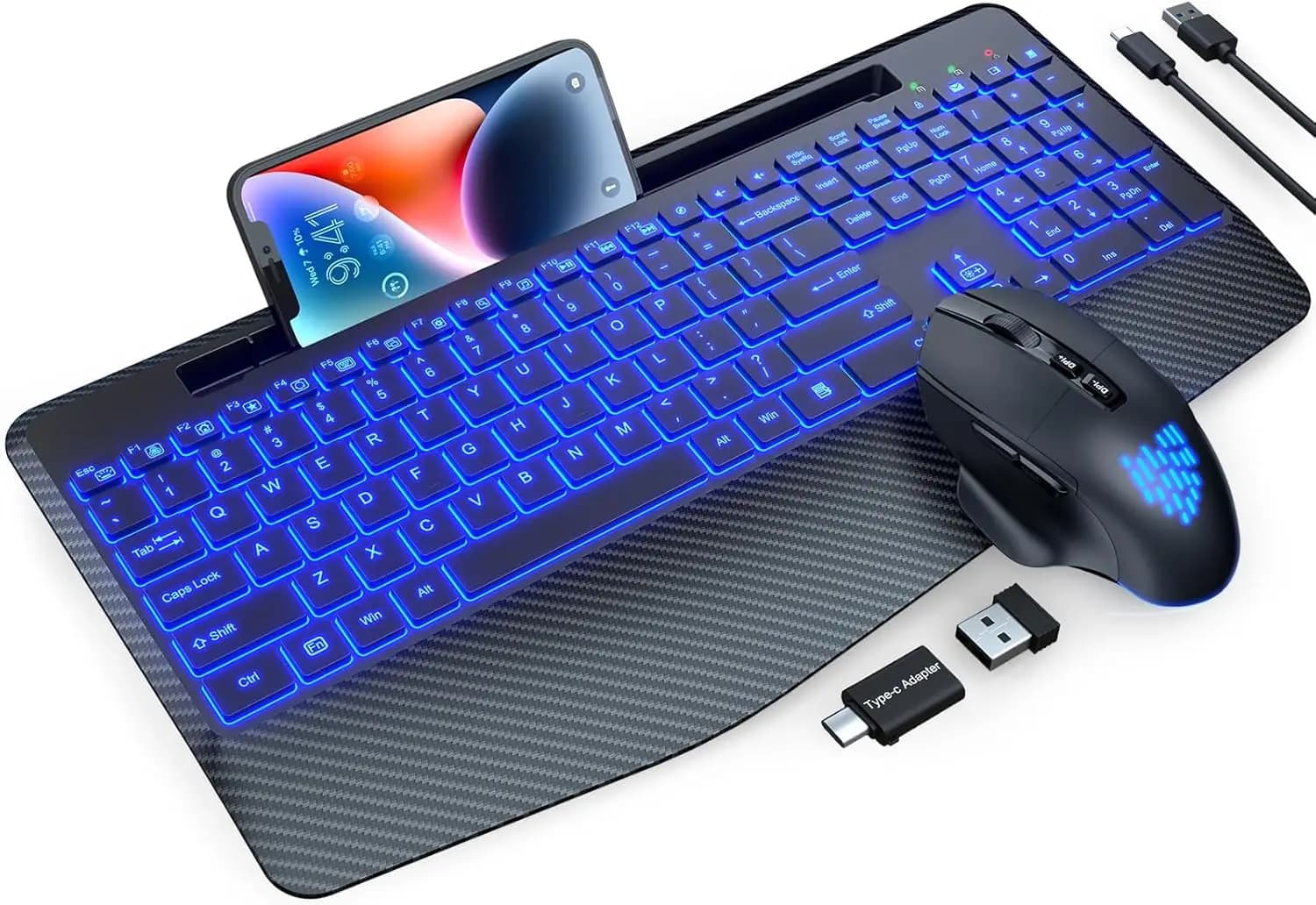 Combo Tastiera e Mouse Wireless Retroilluminati con Poggiapolsi, Mouse LED, Design Ergonomico Ricaricabile per PC, Mac, Laptop (Nero)