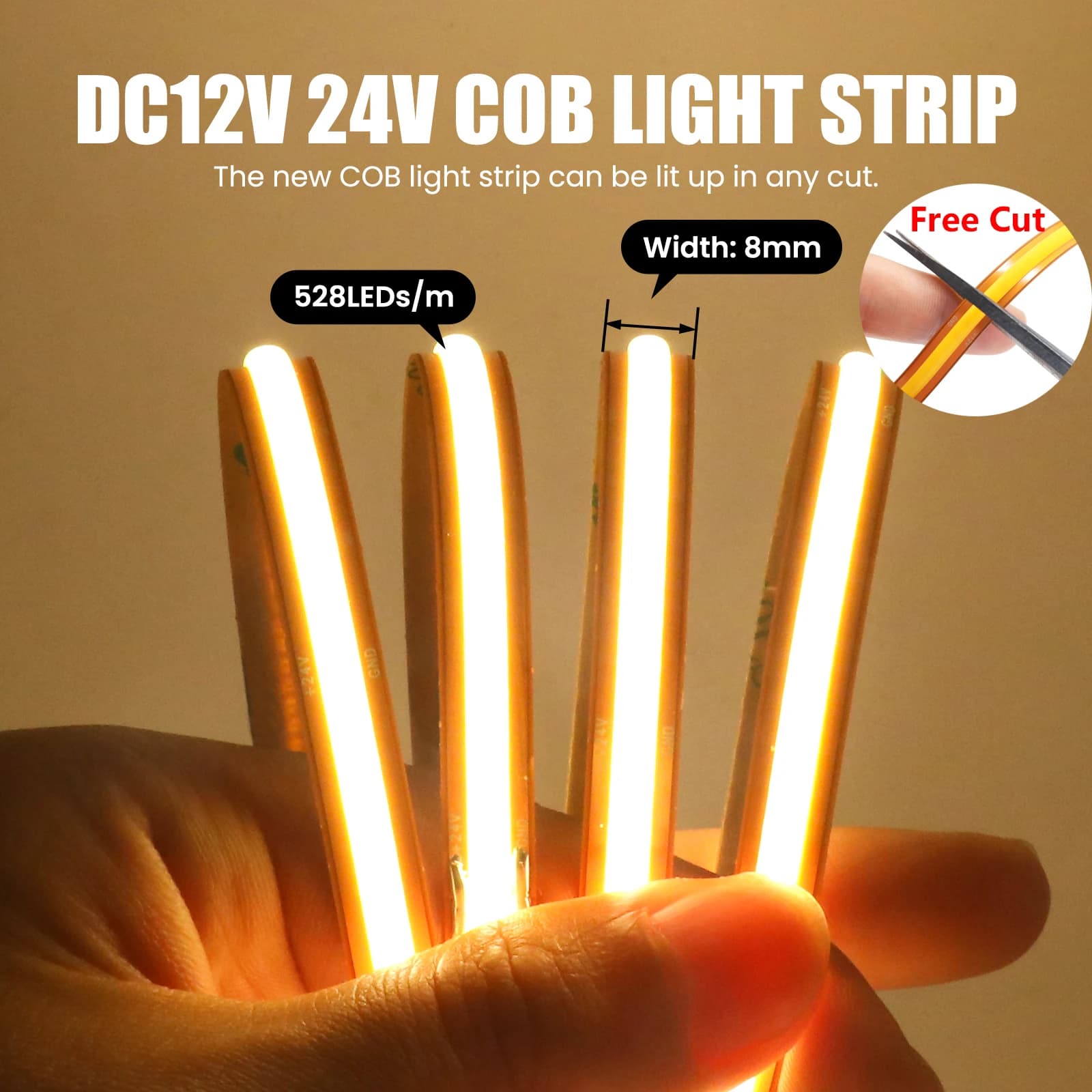 Striscia LED COB a taglio libero 12V 24V ad alta densità 528LED/m Nastro flessibile non impermeabile per lampada da cucina per scatola luminosa fai-da-te