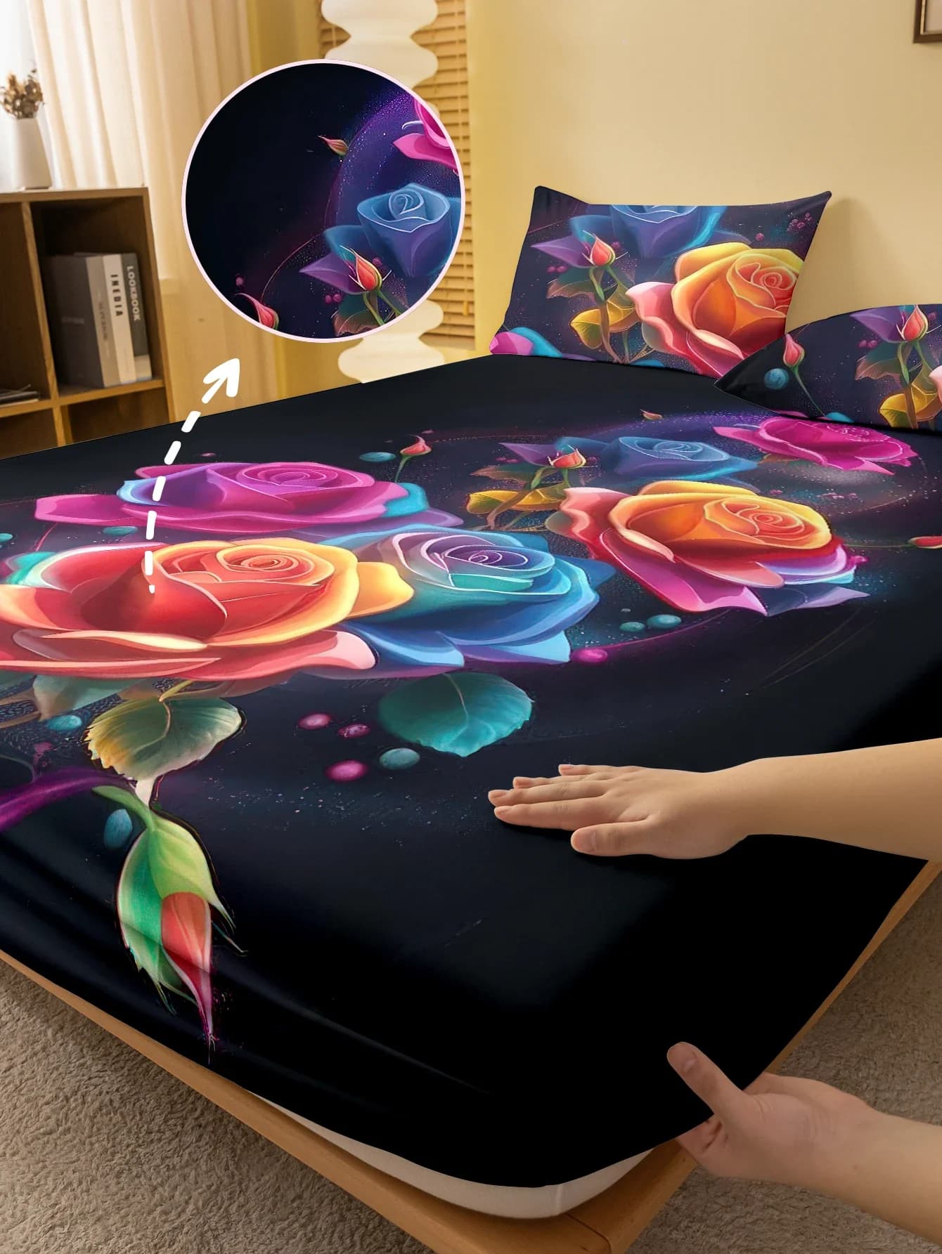 1 Lenzuolo con angoli satinato stampato digitale semplice e moderno con fiori vegetali, rosa colorata, copriletto stampato per camera da letto, biancheria da letto (senza federa)