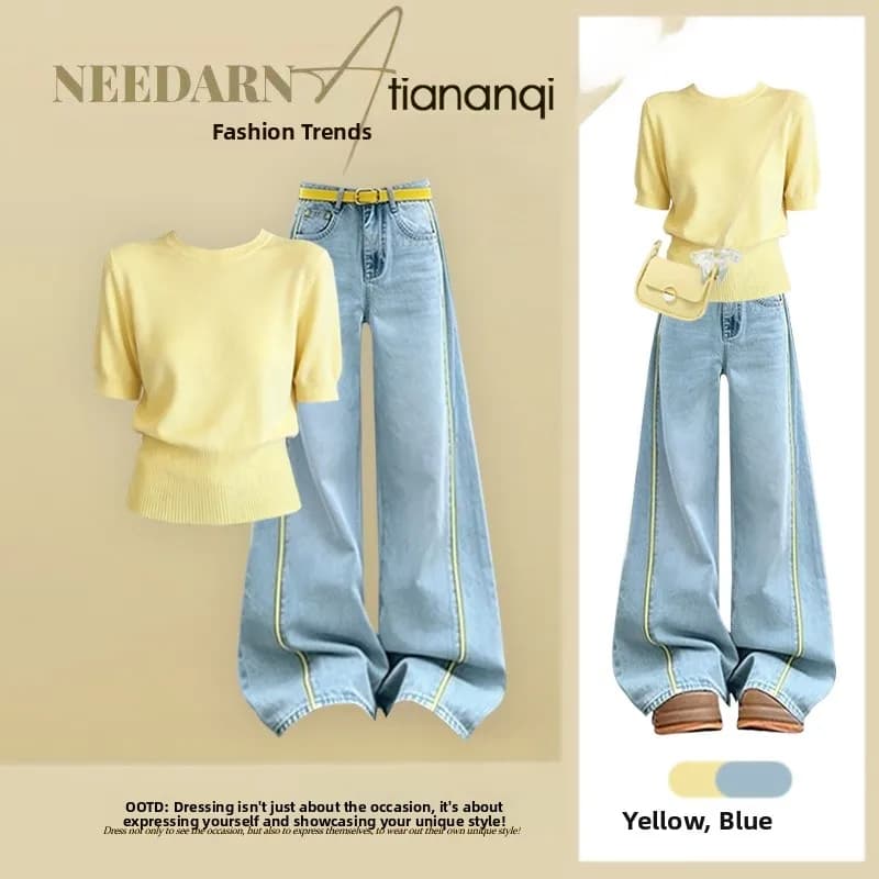 Summer Casual Slim Fit Short Sleeve Top And Straight Leg Jeans Two Piece Set Fashionable Weight Loss Effect Women's Clothing