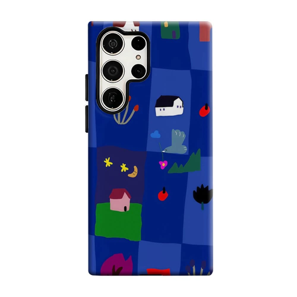 Tiled Houses Trees Phone Case For Samsung Galaxy S25 S26 Ultra S24 S23 Plus Shockproof Double Layer Tough Back Cover