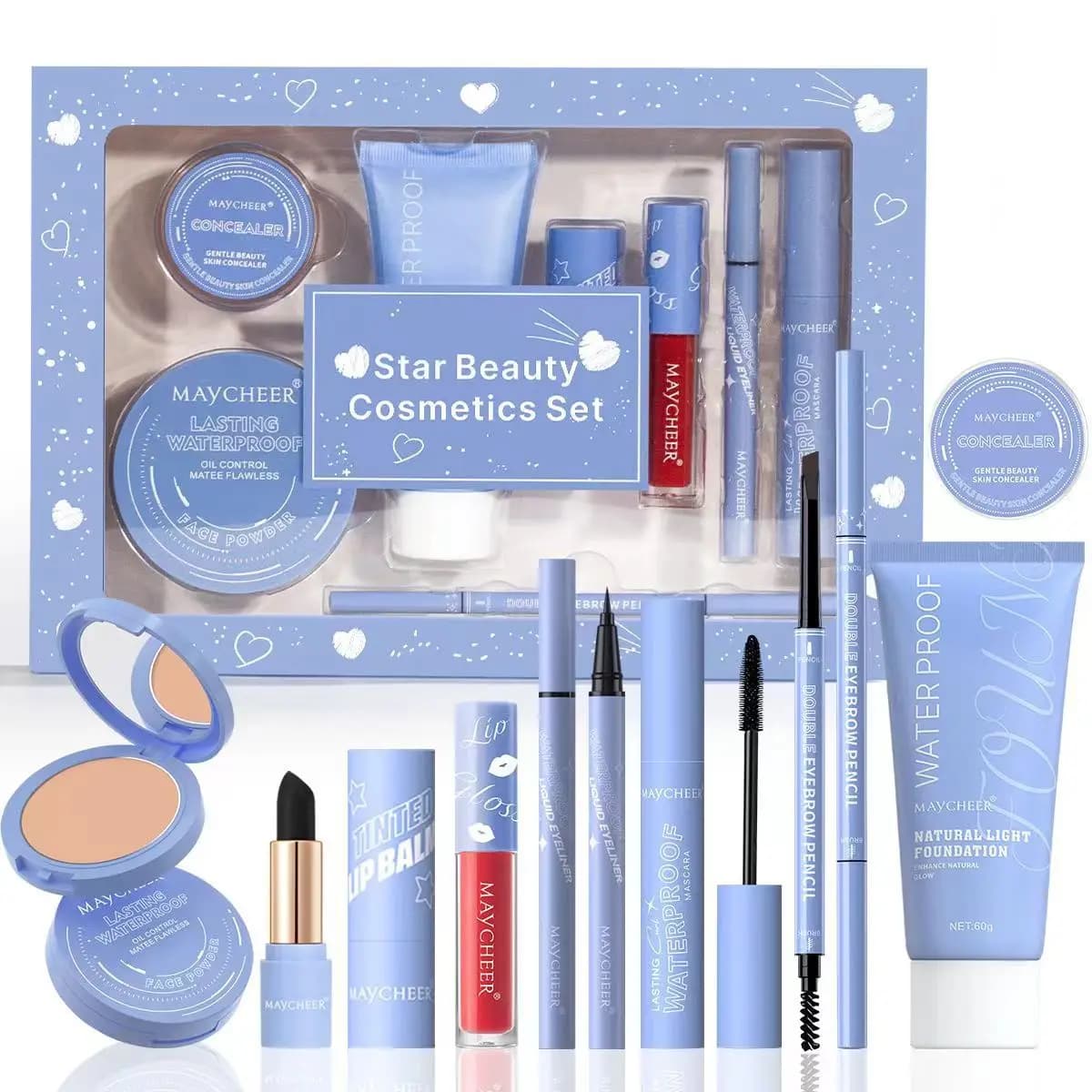 MAYCHEER Kit makeup all in one with powder, foundation, eyebrow pencil, lipstick, multifunction professional gift set