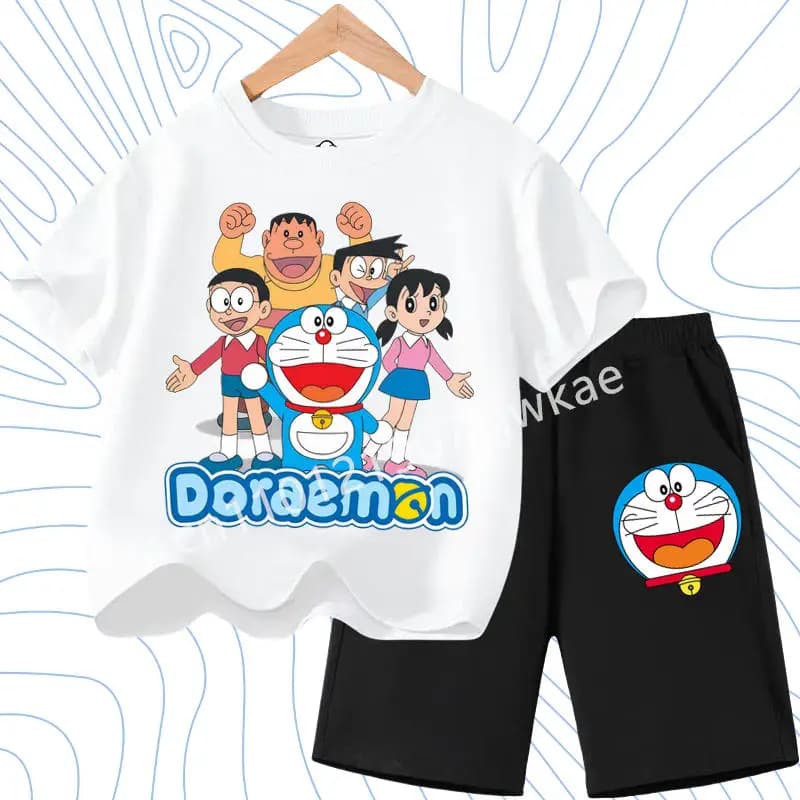Set T-shirt Bambini Doraemon, Magliette Cartone Animato Carine, Completo 2 Pezzi Maniche Corte e Pantaloncini per Bambino/a, Top Estivo 2026, Regalo di Compleanno