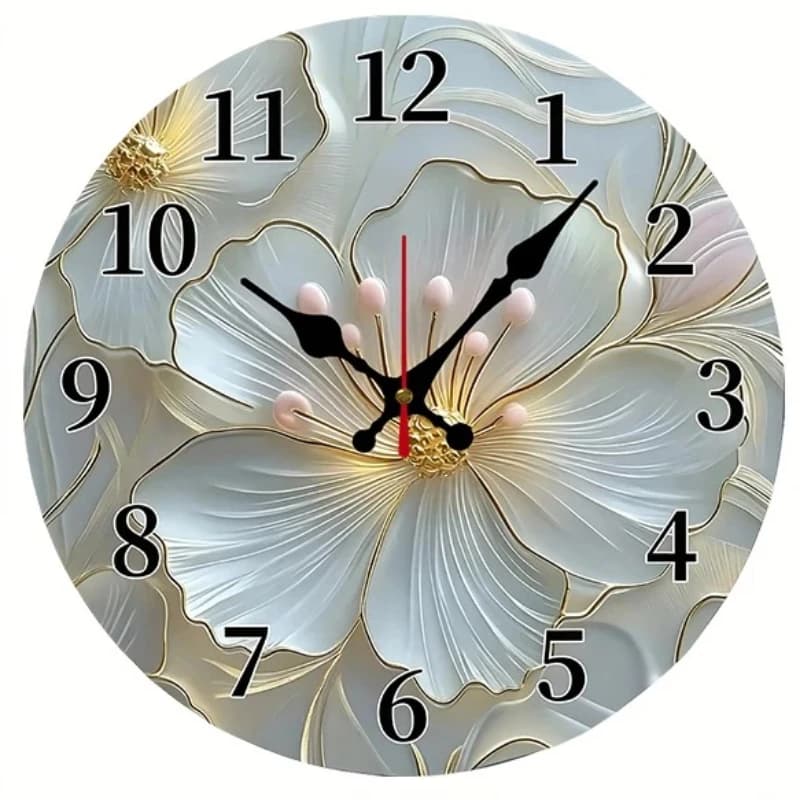 Golden & Pink Floral Wooden Round Silent Hanging Wall Clock, Suitable for Living Room,Office,Study Room, Bedroom,Home Decoration