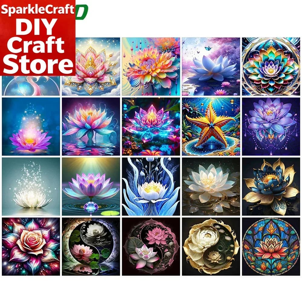 1 pz Kit Pittura Diamante Senza Cornice, Ricamo a Punto Croce con Diamanti a Copertura Totale, Motivo Fiore di Loto, Decorazione Murale Floreale con Strass