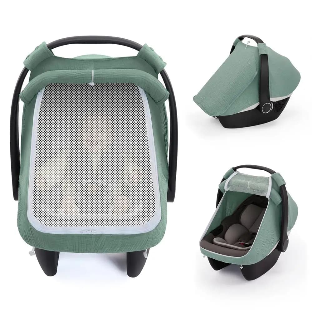 Baby Car Seat Cover, Extra Large Mesh Window, Breathable Muslin Cotton, Infant Windproof, Must-Have Baby Gift - Green