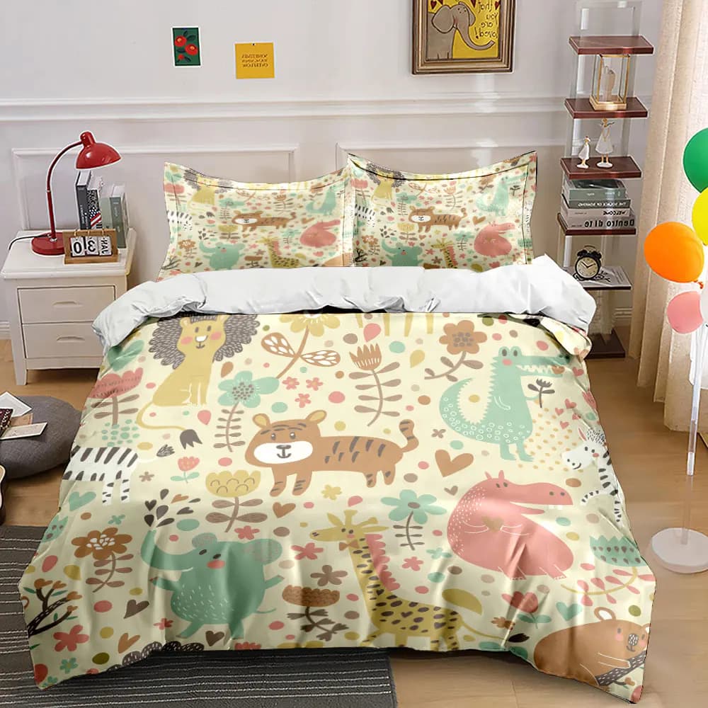 Cartoon animals with floral background Bedding Set 1 Duvet Cover 2 Pillowcases for Adult and Children Luxury Gift Full Size