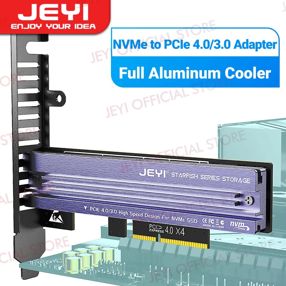 Adattatore da JEYI M.2 NVME a PCIe 4.0 3.0 con dissipatore di calore SSD in alluminio, scheda di espansione NVMe 64gbps Gen4 PCIE x1 X4 X8 X16 per Desktop