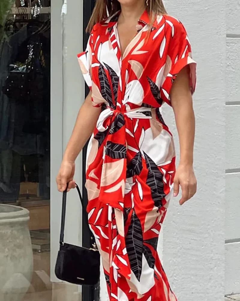 Women's Summer Dress with Short Sleeved Printed Tip Collar, Women's Casual Belt Dress