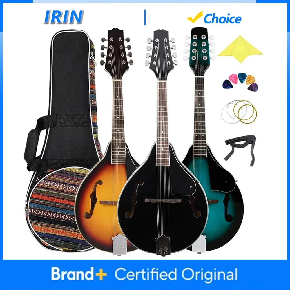 IRIN Mandolino Acustico a 8 Corde Stile A con Corpo in Tiglio, Borsa, Plettri, Capotasto e Accessori per Chitarra