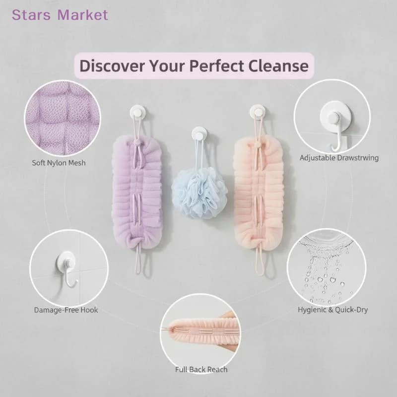 2 In 1 Bath Scrub Towel Back Cleaning Brush And Shower Sponge With Suction Cup Soft Mesh Hook Portable Durable For Bathroom