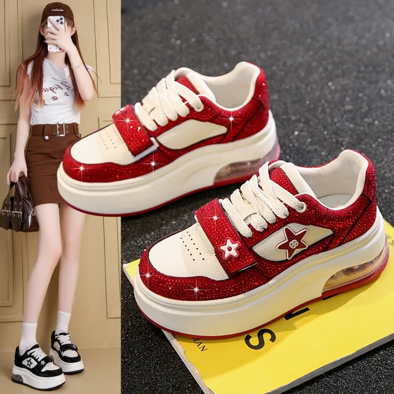 Sneakers da donna alla moda, stile hip hop streetwear, rosse con glitter, scarpe con lacci e chiusura a velcro, scarpe con cuscino d'aria.