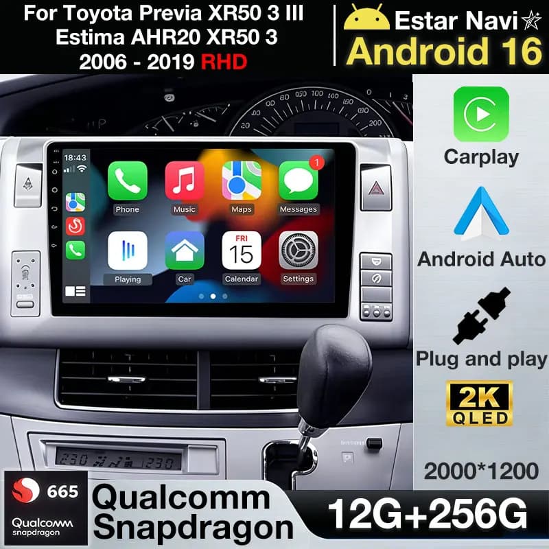 Autoradio Android 16 con Carplay Wireless per Toyota Previa XR50 3 III Estima AHR20 XR50 3 2006 - 2019 RHD, Multimedia DSP 5G WIFI BT