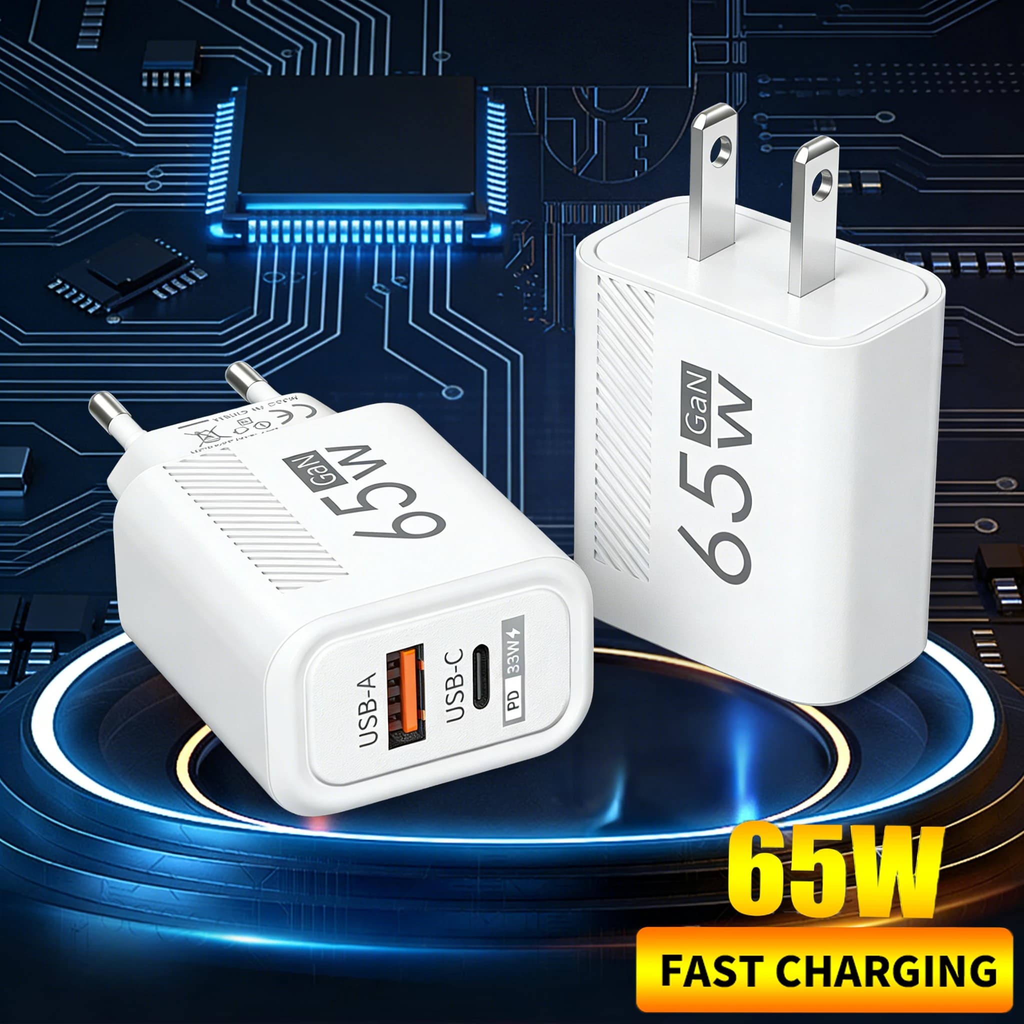 Caricatore USB GaN da 65W con ricarica rapida per iPhone, Samsung, Xiaomi, Huawei, QC3.0, USB Type-C, caricatore da parete a ricarica rapida.