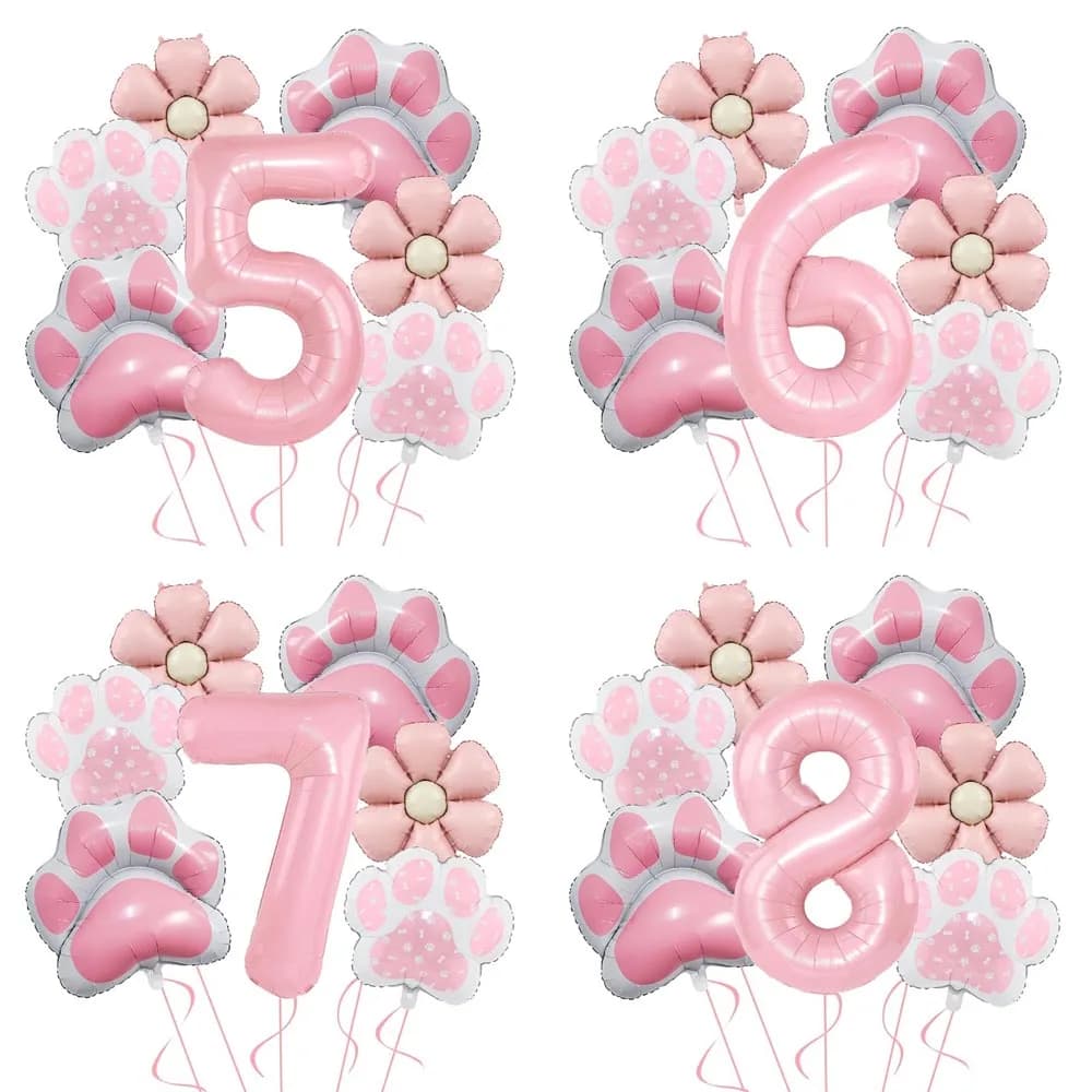 1Set Pink Dog Paw Daisy Balloon 40inch Pink Number Balloons for Pet Themed Birthday Party Anniversaries Home Decor Shower Gifts