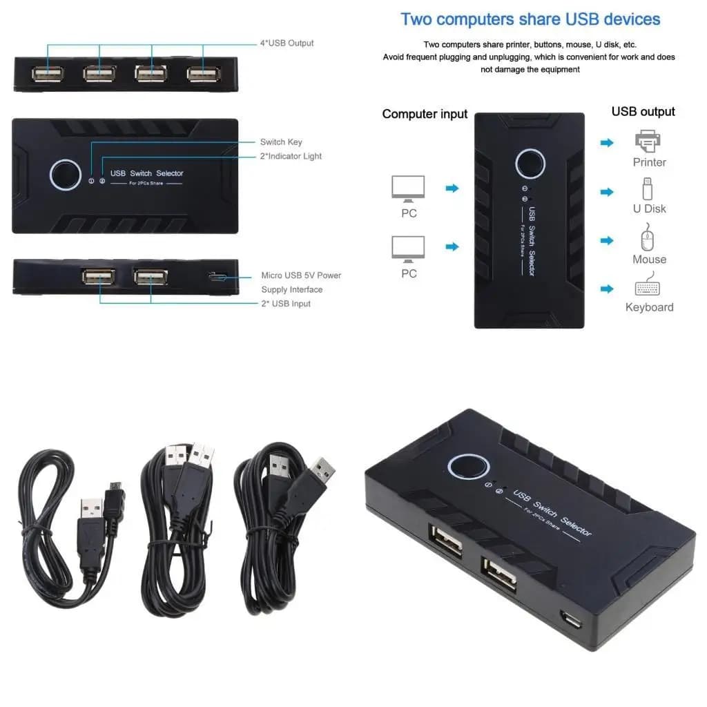 652F USB 2.0 Switch Hub 2 in 4 Out KVM Docking Station Condividi Convertitore Adattatore Monitor Dispositivo con 2 cavi