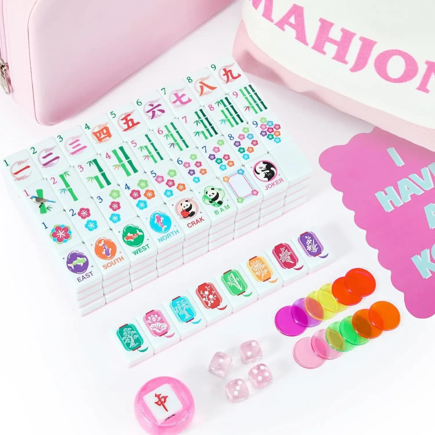 Elegante Set di Mahjong Americano Intagliato da 3 cm | 160 Piastrelle in Melamina Rosa | Gioco di strategia classico per adulti e principianti