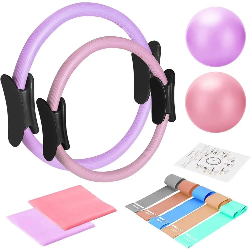 Set Anello e Palla Pilates con Bande di Resistenza - Attrezzatura per Allenamento a Casa - 14 e 12 Anelli, 2 Palle, 5 Bande, Guida