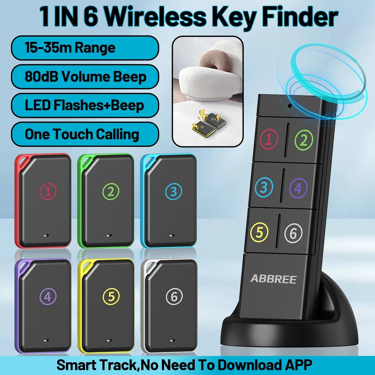 ABBREE 1 IN 6 Localizzatore di chiavi wireless Localizzatore di chiavi per chiamate One Touch Dispositivi anti-smarrimento Zaino per animali Portafoglio Tracker Telecomando