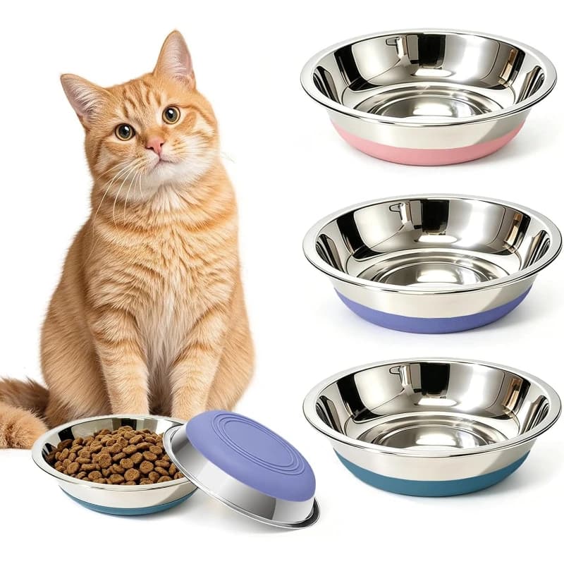 Stainless Steel Cat Bowls Whisker Friendly Non‑Slip Silicone Bottom Easy to Clean Food Water Feeding Bowls for Cats Kittens Pets