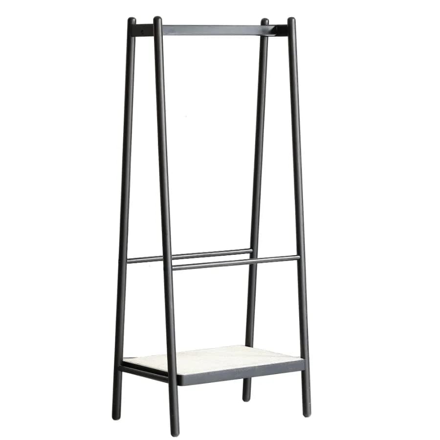 Wood Clothes Rack Rattan Hanger Rack with Shelves Cloth Hanger Standing Garment Racks for Hanging Clothes Black
