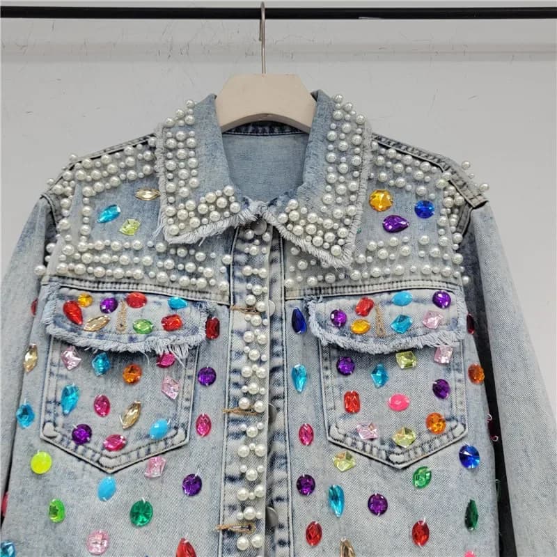 Autunno Donna Moda Perla Perline Diamante Sfila sfilacciata Giacca di jeans azzurra Chaqueta Mujer Cappotto di jeans a maniche lunghe con risvolto Donna