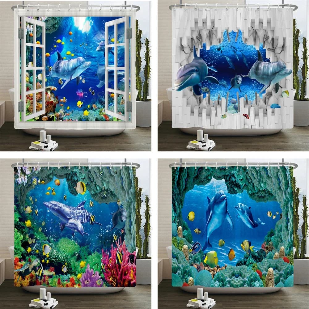 Tende da bagno 3d Pesce oceano Medusa Conchiglia Stella marina Delfino Anchor Tenda da doccia Tessuto impermeabile Schermo da bagno per ragazzo dei cartoni animati