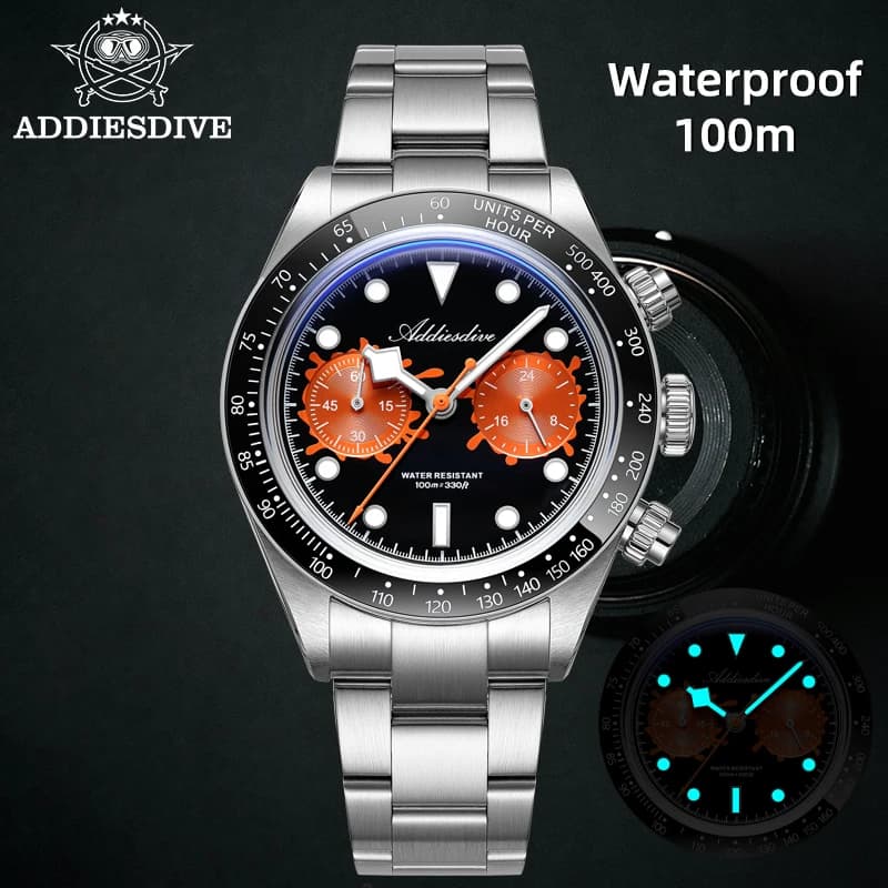 ADDIESDIVE Orologio cronografo al quarzo da uomo AD2520 VK64 Bracciale di lusso in acciaio inossidabile Lunetta in ceramica Luminoso 40mm 100M Impermeabile