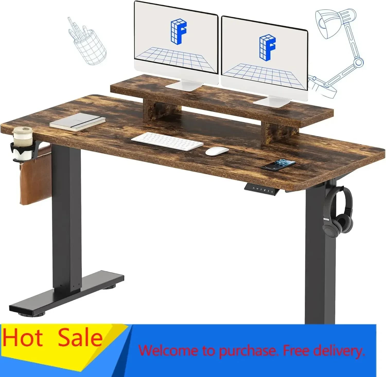 Standing Desk with Monitor Stand, 55 x 24 Inches One-Piece Electric Height Adjustable Computer Desk with Cup Holder for Home Off