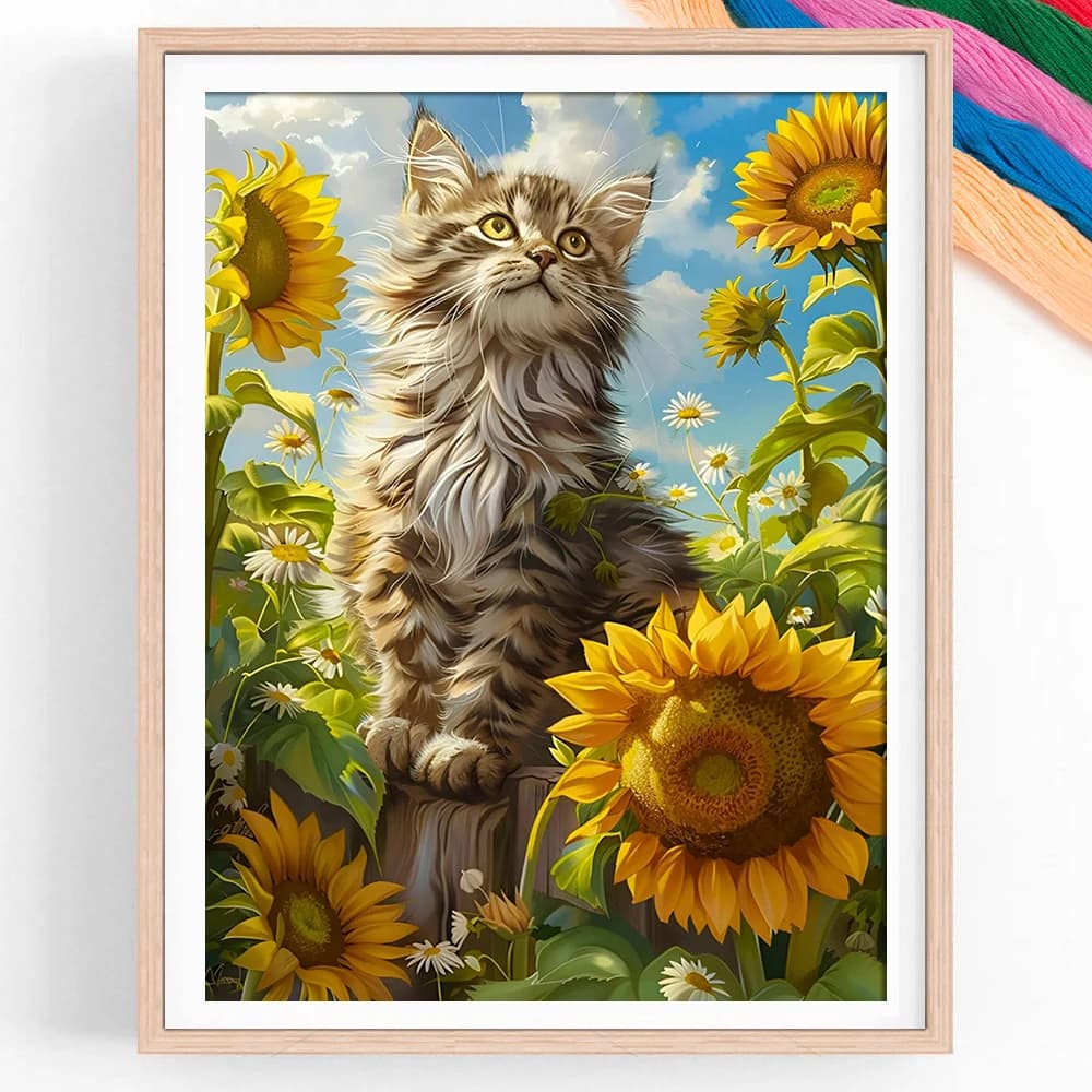 Sunflower Cross Stitch Kit Animal Cat Printed Canvas Full Embroidery 11CT Handicraft Home Decor