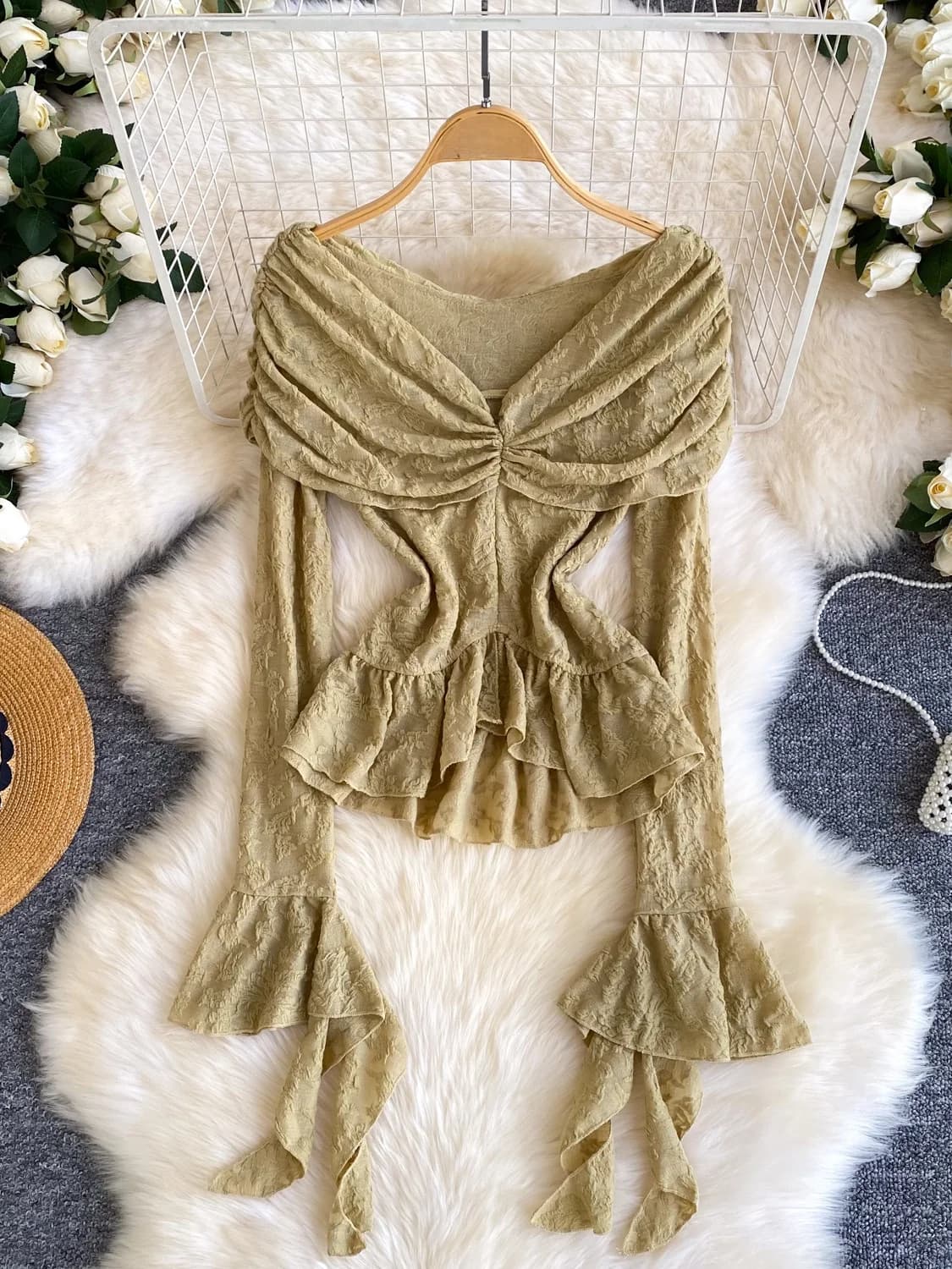 Camicetta da donna a maniche lunghe monospalla con orlo a balze, stile coreano, con coulisse in vita e design snellente, Pure Desire