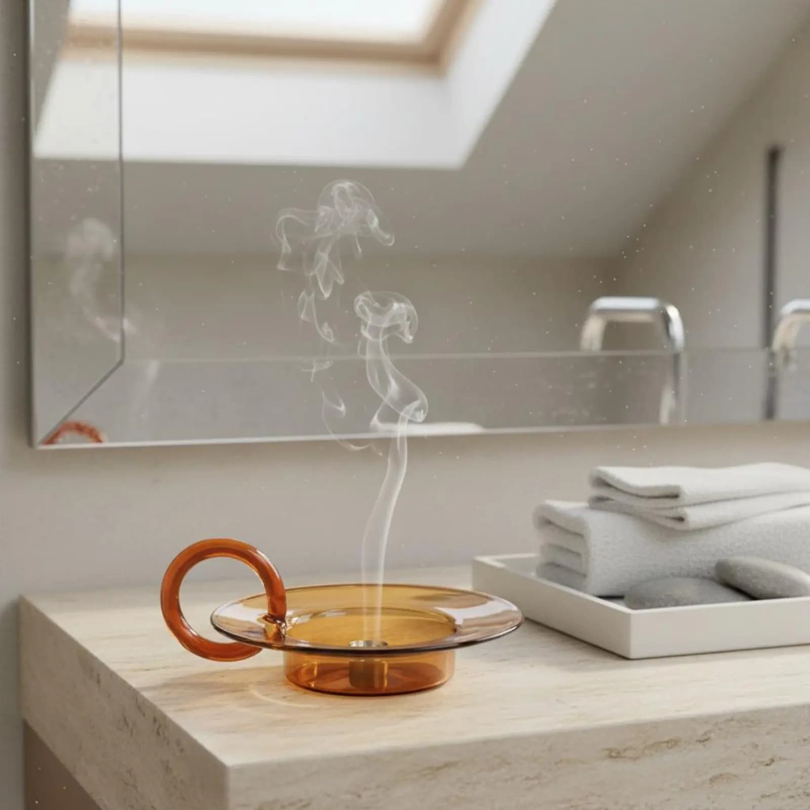 Vassoio per Bastoncini Aromatici in Vetro Color Miele con Manico, Base Larga e Stabile, Accessorio Raccogli-Cenere, Elegante e Pratico Arredo per la Casa