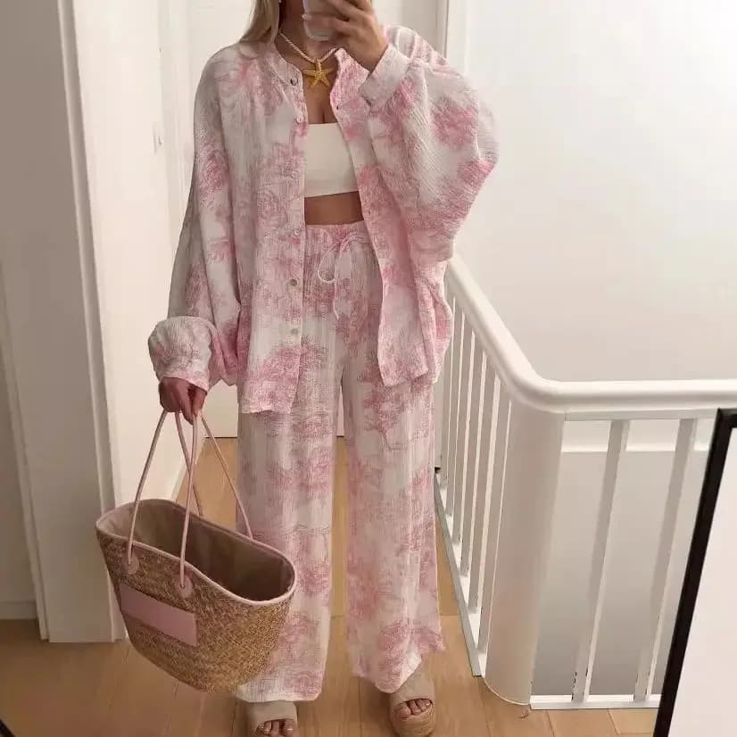 Set da donna Lanterna con stampa floreale Bottoni a maniche lunghe Camicia e pantaloni a gamba larga con coulisse Set da due pezzi Tuta casual alla moda