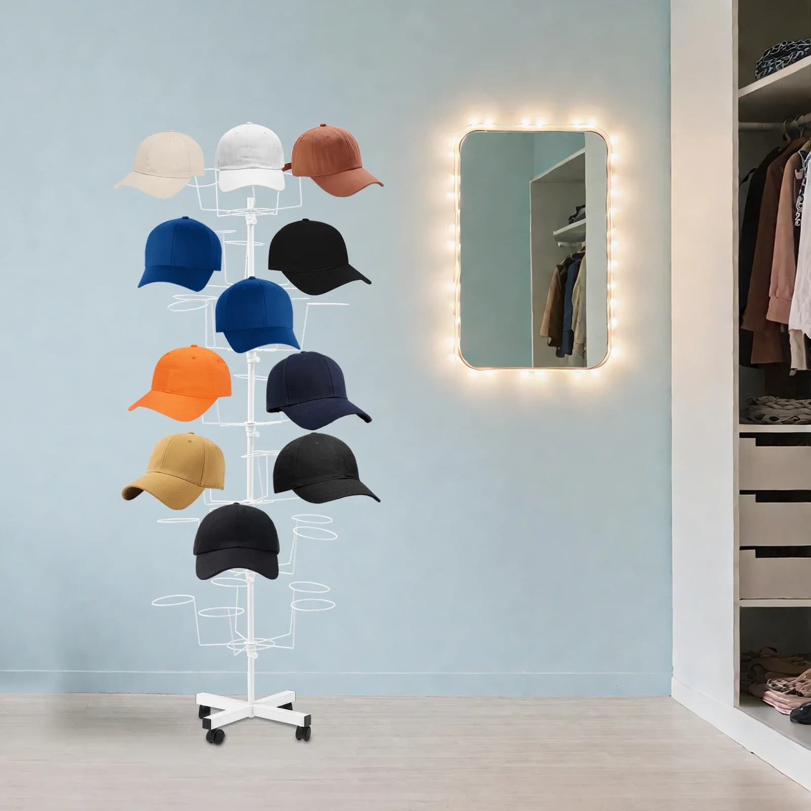 7-Tier Hats Display Rack 35 Holders Adjustable Stand Cap Organizer w/ Wheels Metal Hanger Floor Tower for Wig Baseball Cap White