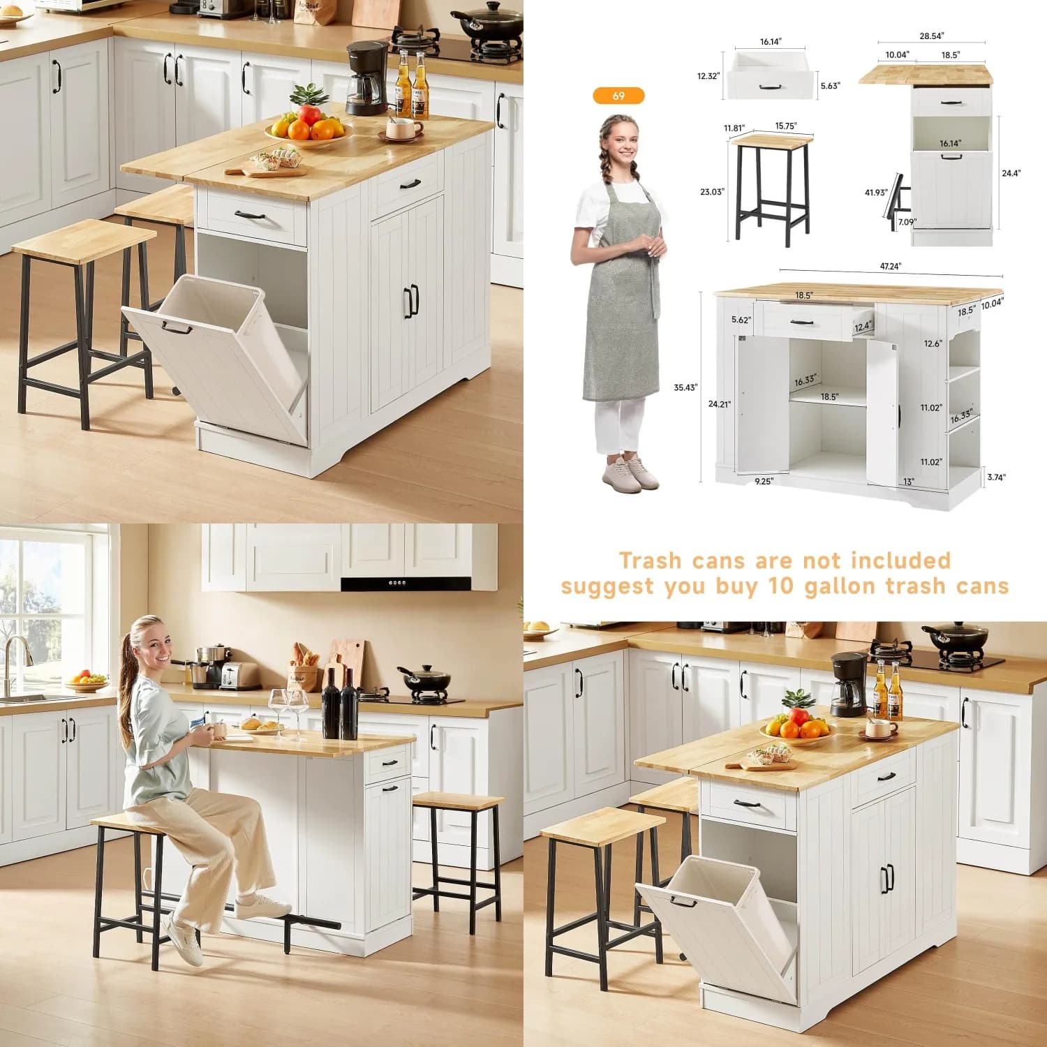 Set Isola Cucina 47 Pollici con Piano Ribaltabile, 2 Sgabelli, Porta Spezie, Mobiletto Rifiuti e Presa di Corrente, Tavolo da Pranzo/Bar, Personalizzabile