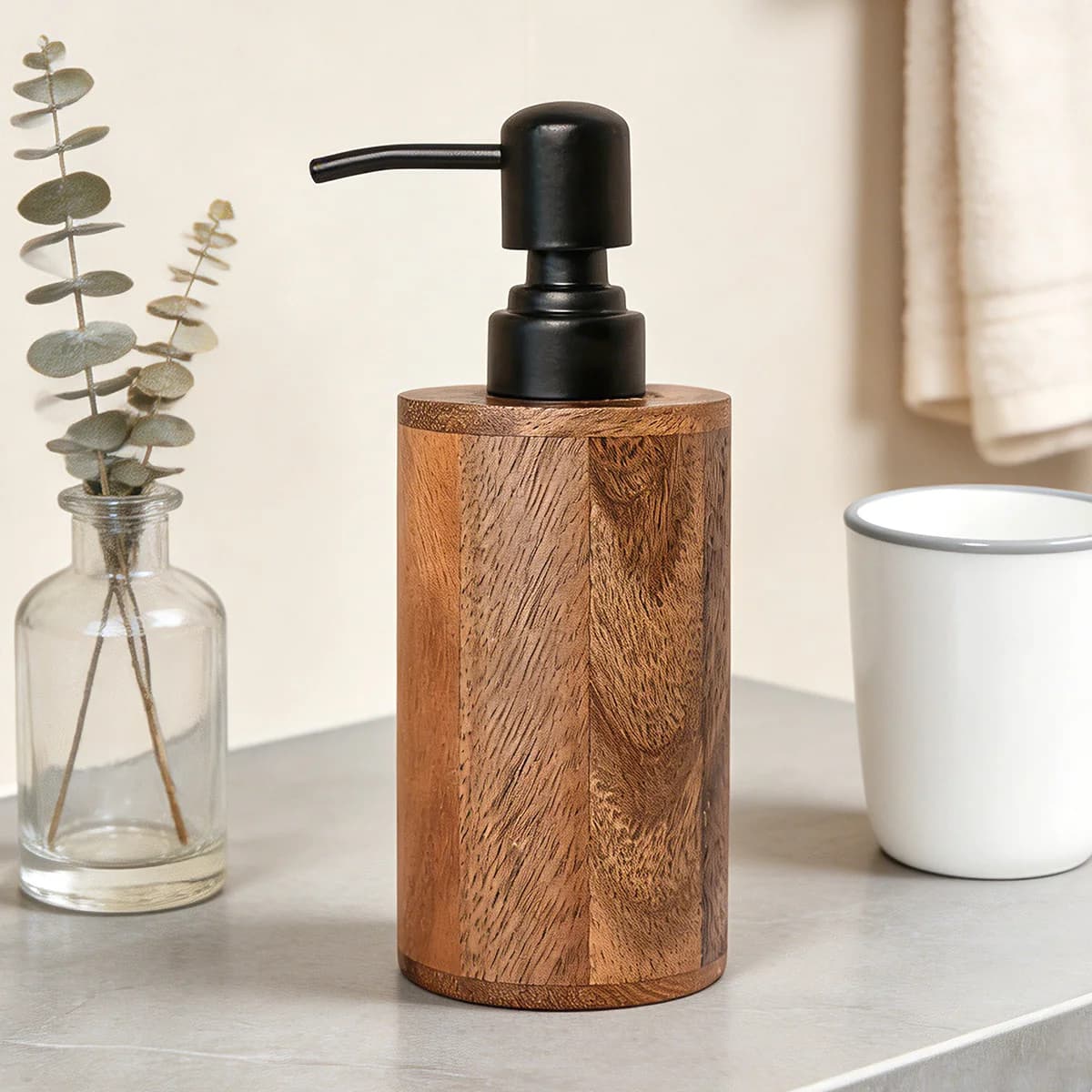Dispenser di sapone in legno massello da 200 ml per bagno, cucina - Pompa ricaricabile per sapone liquido, accessori per il bagno