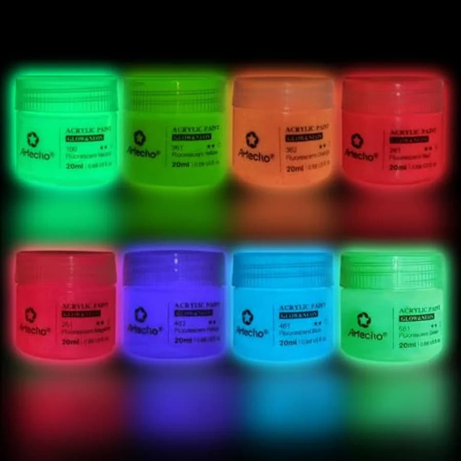 Glow in the Dark Acrylic Paint Set, 8 Colors x 20ml 0.7oz Non-Toxic, Waterproof, For Canvas Rock Wood Fabric, Rich Pigment, For