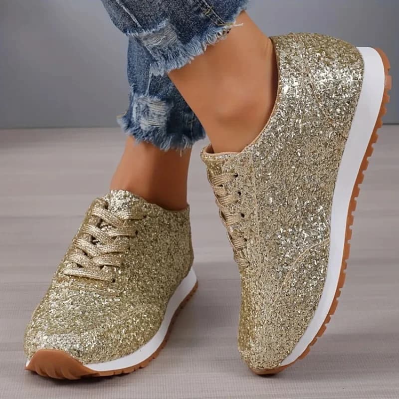 Sneakers da Donna con Glitter Scintillanti, Scarpe Casual Comode da Passeggio, Mocassini Piatti Lucidi con Plateau, Calzature Luccicanti per Signore