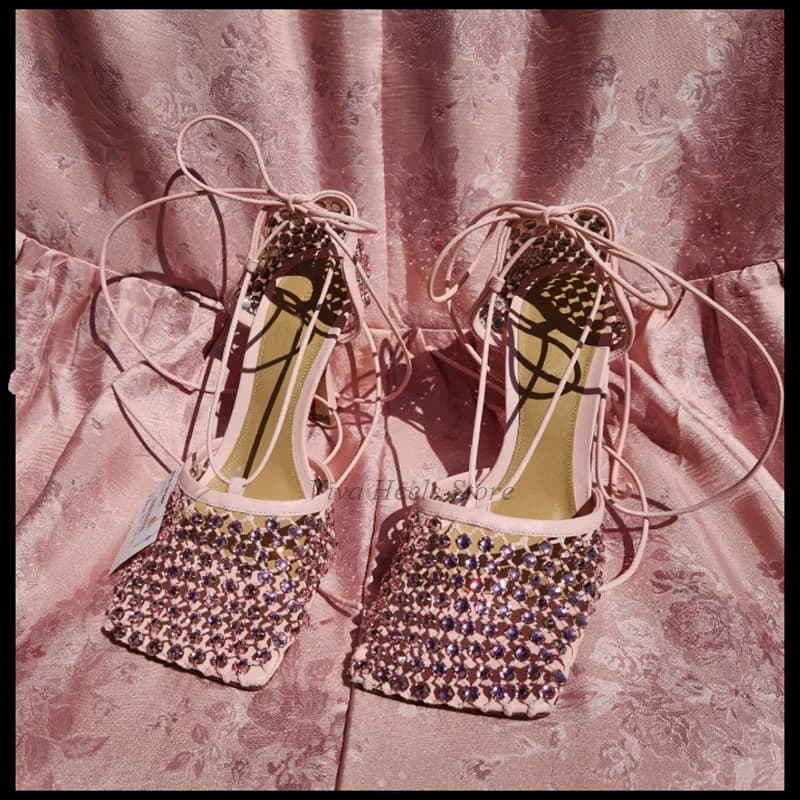 Dimaond Lace Sandals in Network with Square Tip Sandals with Colorful Leather Lace High Heels in Sexy Crystal Women's Luxury Design Party Shoes 2025