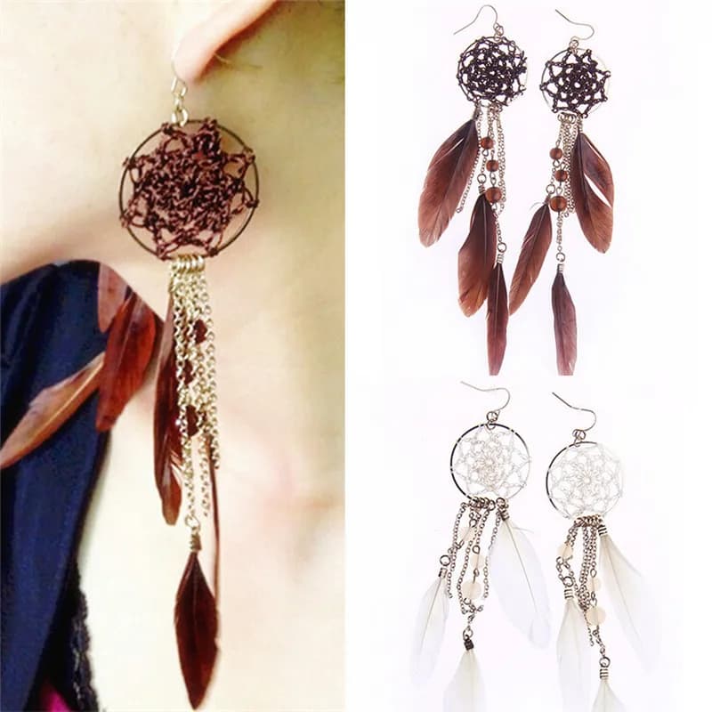 1 Pair New Bohemia Ethnic Feather Beads Long Design Dream Catcher Earrings for Women