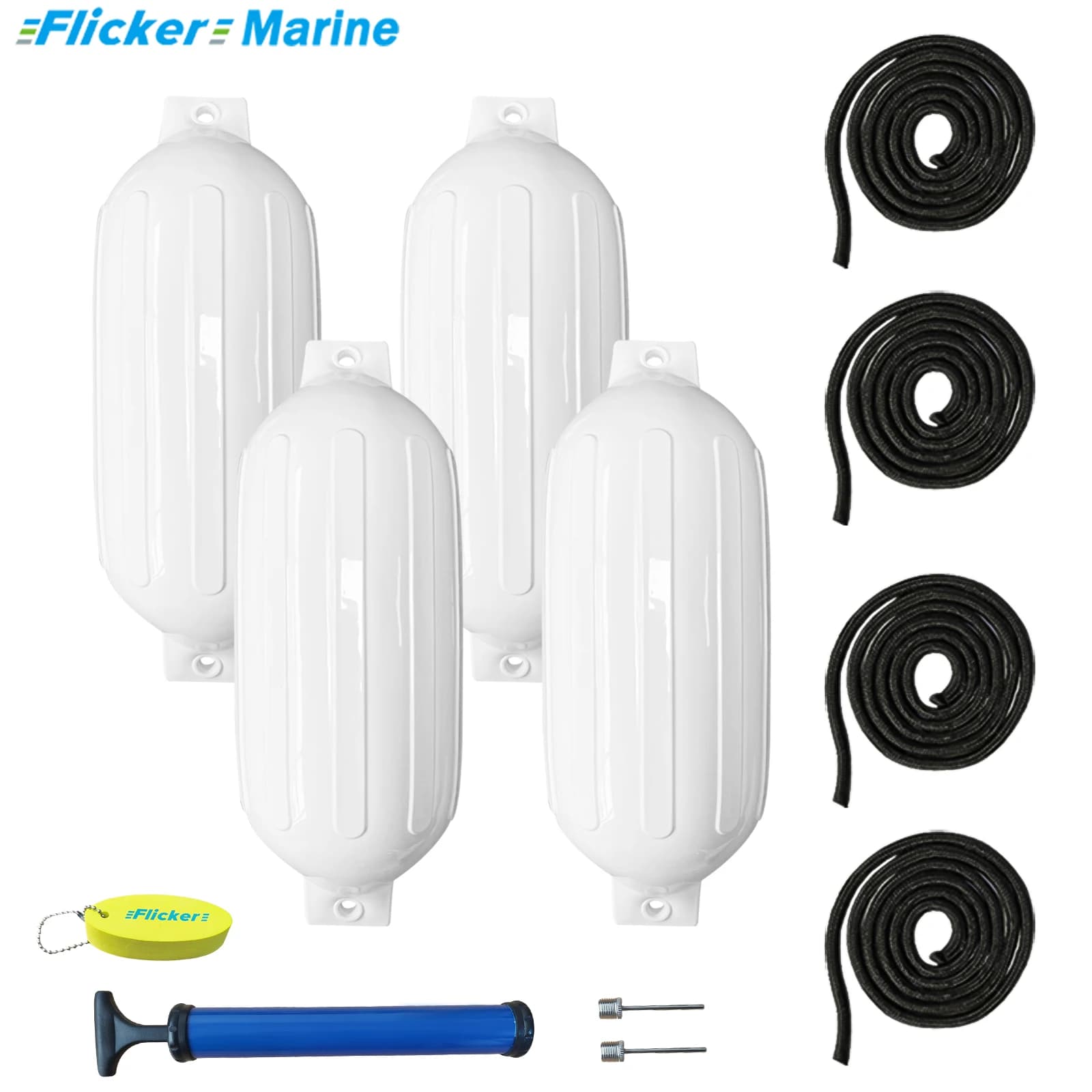 Kit Parafanghi per Barche Flicker White A1–A6, Parafanghi Gonfiabili in PVC Resistenti con Pompa ad Aria e Corde di Ormeggio, Portachiavi Galleggiante