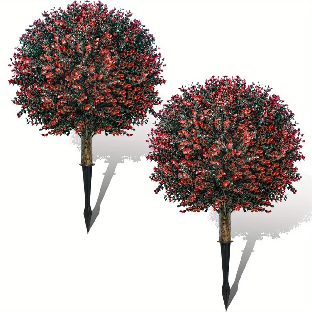 Set di 2 Alberi Topiari Artificiali da Esterno, Cespugli di Bosso Artificiali con Picchetto da Terra, Piante Artificiali Resistenti ai Raggi UV per Interni, Esterni, Giardino, Portico, Money Leaf rosso