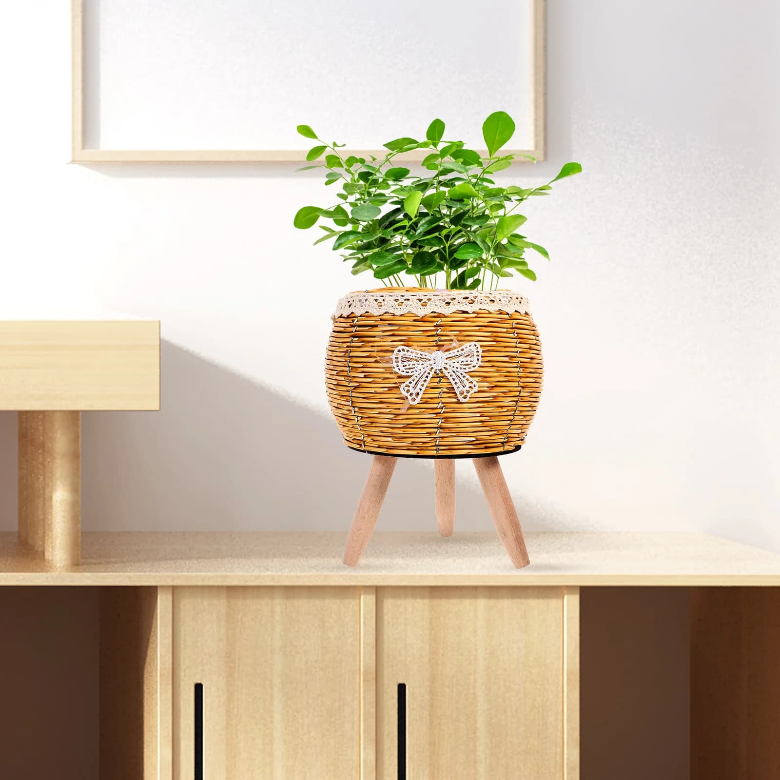 Cesto per vasi da fiori intrecciati Supporto per piante in legno di paglia Decorazioni per interni ed esterni Porta piante in vaso da giardino per balcone domestico