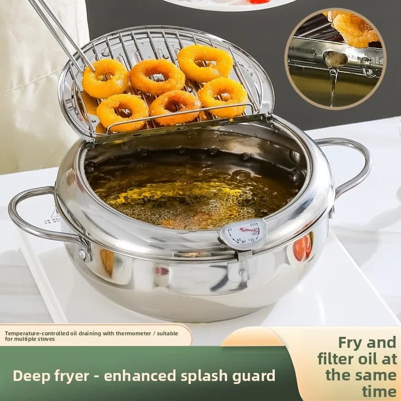 Thickened stainless steel frying pot, Japanese-style temperature-controlled tempura mini fryer, mini fryer with filter and