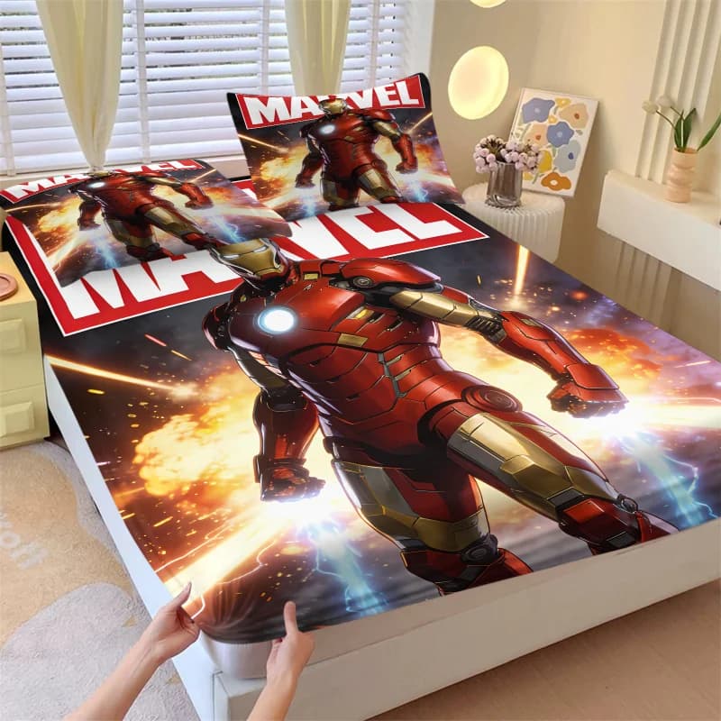 Set of 3 sheets with corners Marvel Iron Man with 2 pillowcases, soft sheet with deep pockets, superhero themed bed linen for the children's room